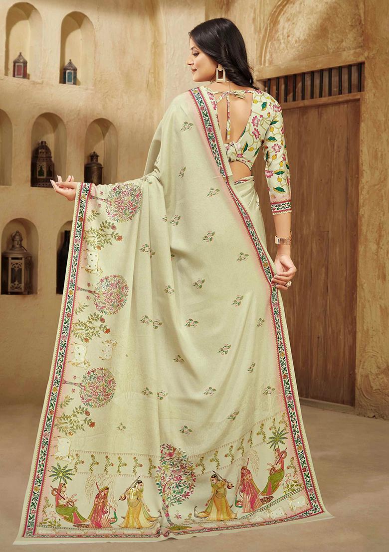 Cream Designer Position Digital Foil Printed Crepe Silk Saree Set