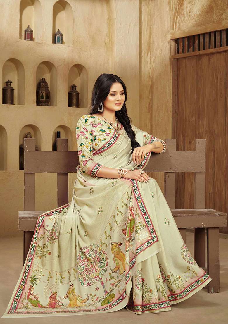 Cream Designer Position Digital Foil Printed Crepe Silk Saree Set - Indya