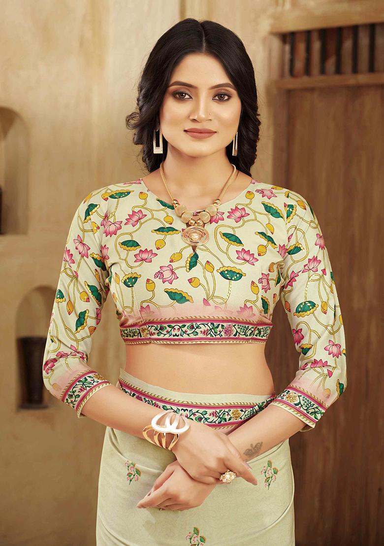 Cream Designer Position Digital Foil Printed Crepe Silk Saree Set