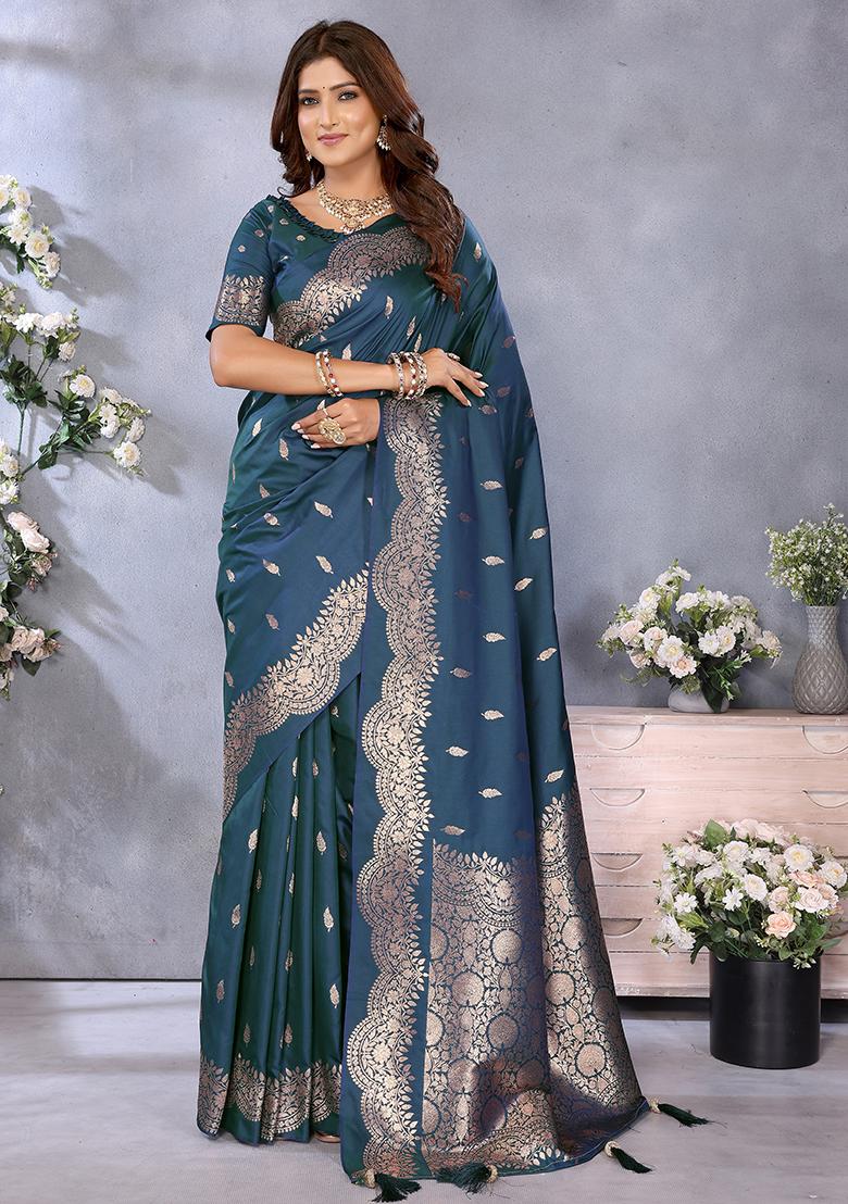 Teal Blue Jacquard Weving Designer Banarasi Silk Saree Set