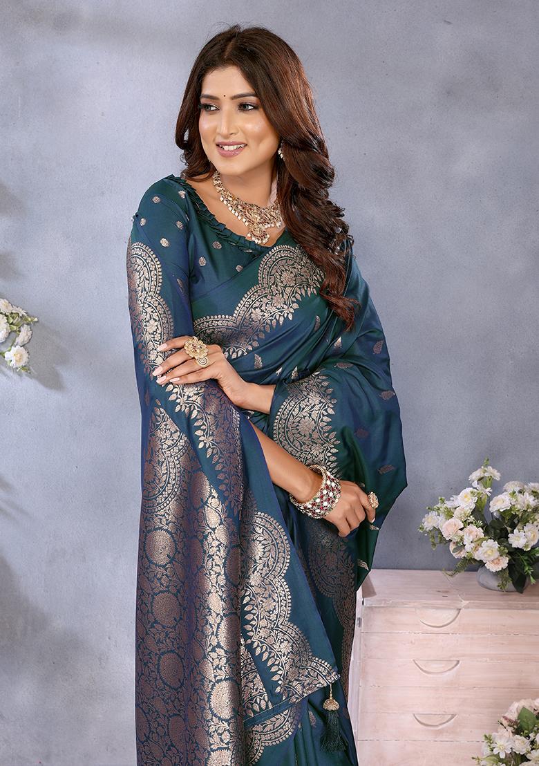 Teal Blue Jacquard Weving Designer Banarasi Silk Saree Set
