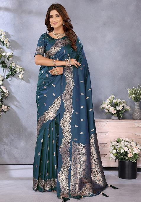 Teal Blue Jacquard Weving Designer Banarasi Silk Saree Set