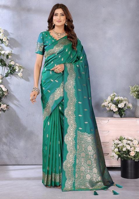 Rama Green Jacquard Weving Designer Banarasi Silk Saree Set