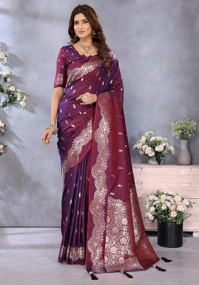 Wine Jacquard Weving Designer Banarasi Silk Saree Set