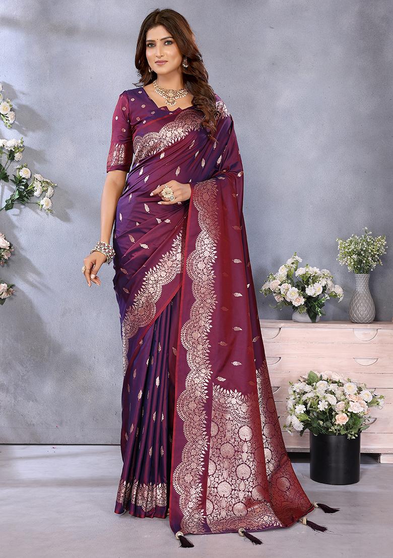 Wine Jacquard Weving Designer Banarasi Silk Saree Set