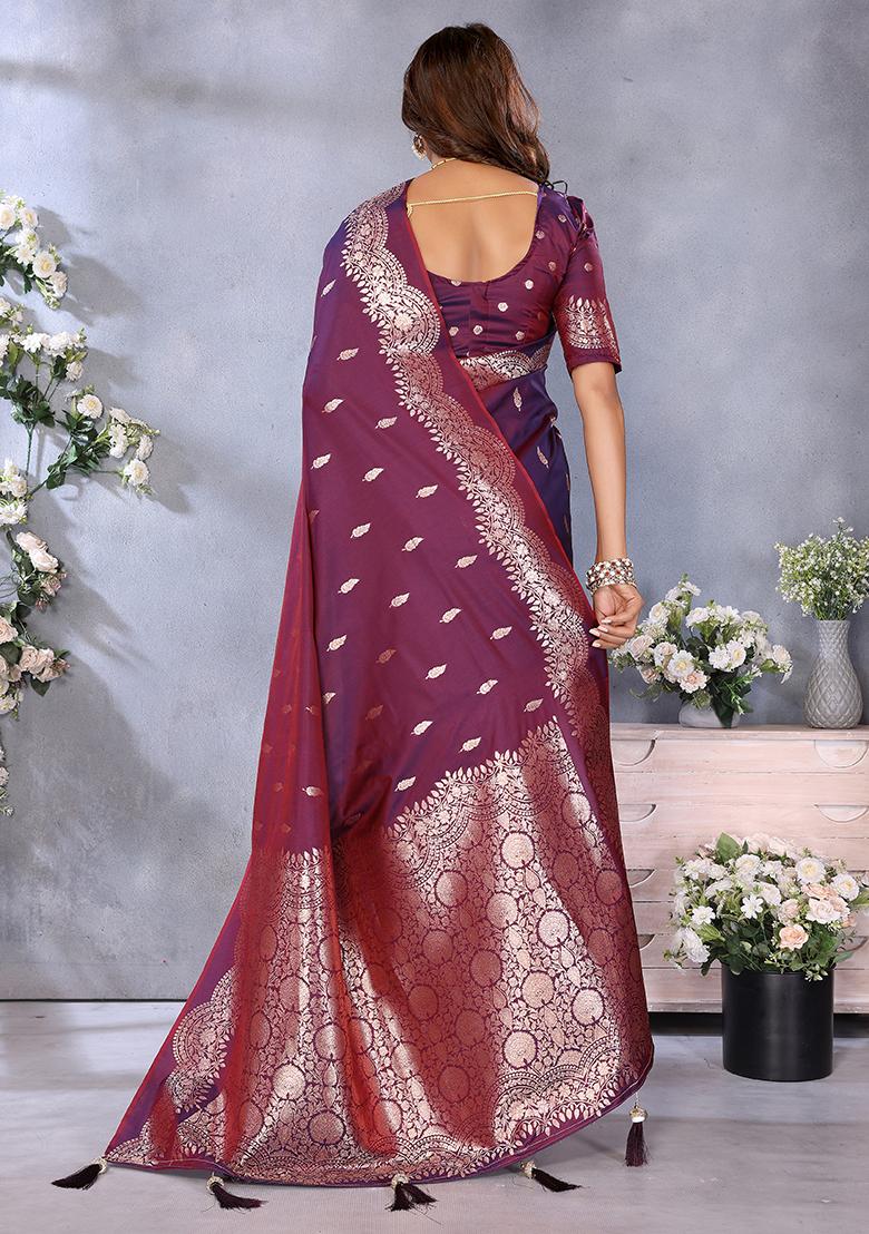 Wine Jacquard Weving Designer Banarasi Silk Saree Set