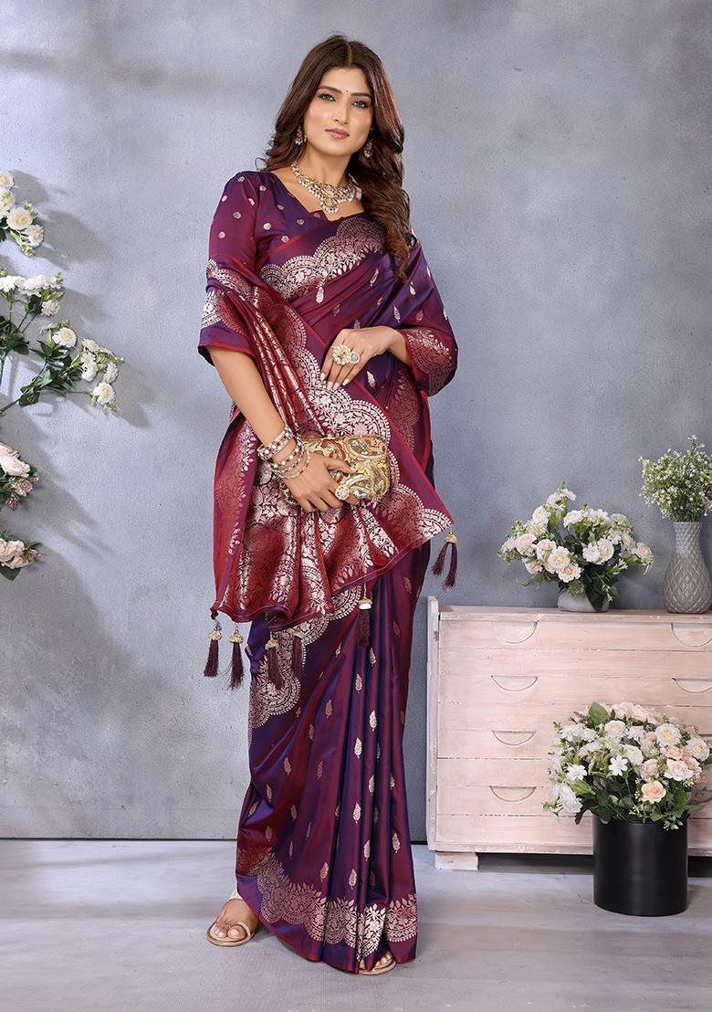 Wine Jacquard Weving Designer Banarasi Silk Saree Set