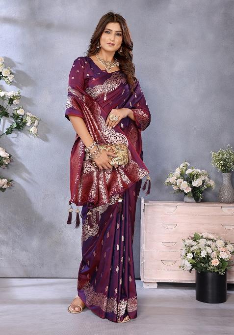 Wine Jacquard Weving Designer Banarasi Silk Saree Set
