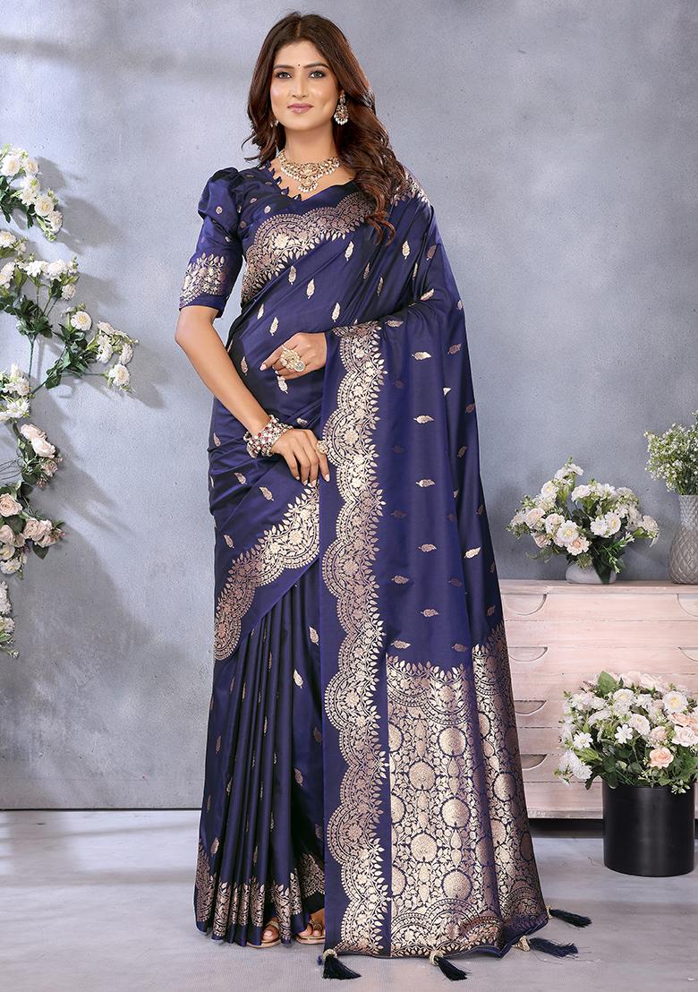 Blue Jacquard Weving Designer Banarasi Silk Saree Set