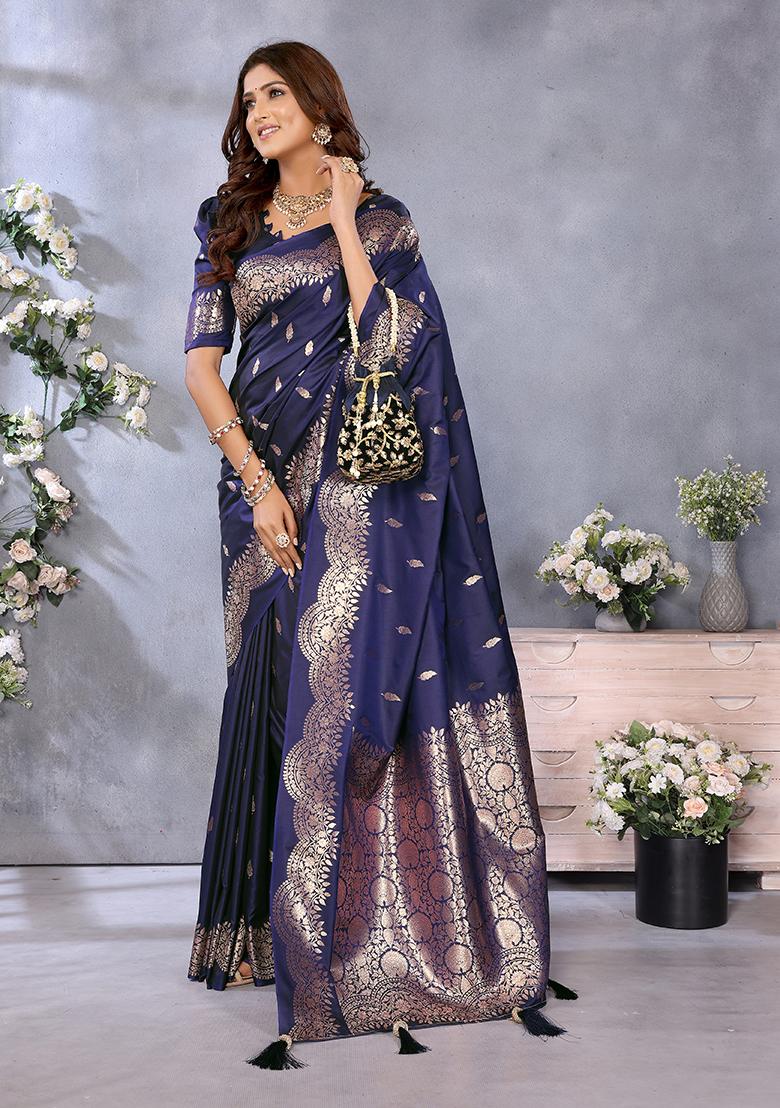Blue Jacquard Weving Designer Banarasi Silk Saree Set