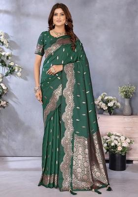 Green Jacquard Weving Designer Banarasi Silk Saree Set