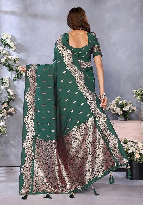 Green Jacquard Weving Designer Banarasi Silk Saree Set