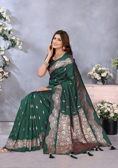 Green Jacquard Weving Designer Banarasi Silk Saree Set