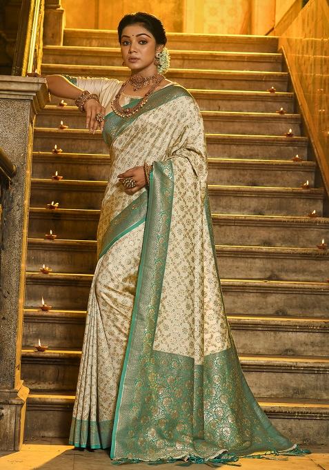 Sea Green Wevon Jacquard Designer Banarasi Silk Saree Set