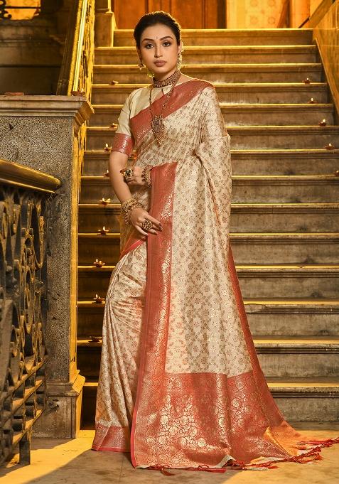 Red Wevon Jacquard Designer Banarasi Silk Saree Set