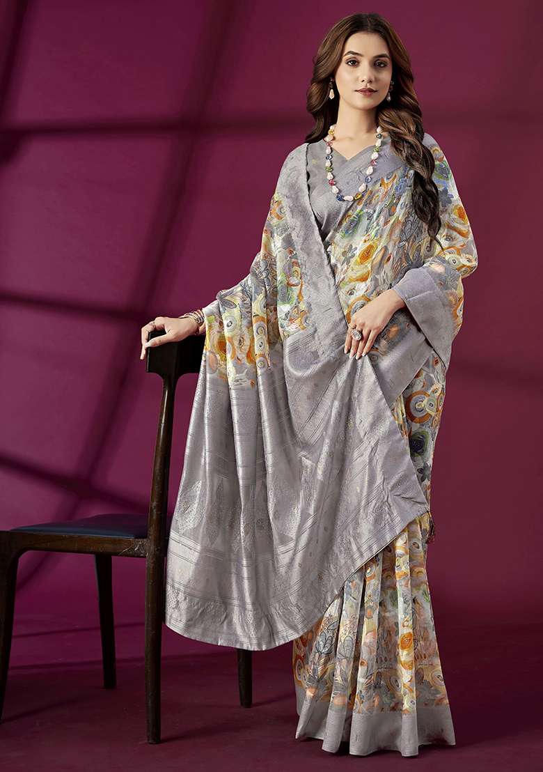 Lavender Wevon Jacquard Designer And Printed Rich Silk Saree Set - Indya