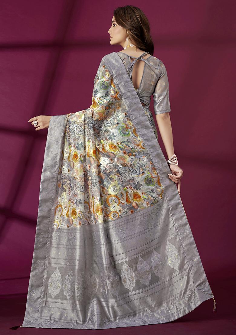 Lavender Wevon Jacquard Designer And Printed Rich Silk Saree Set