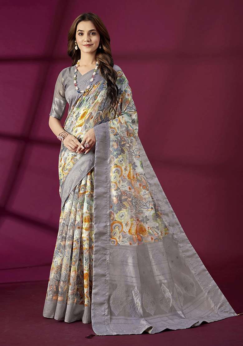 Lavender Wevon Jacquard Designer And Printed Rich Silk Saree Set - Indya