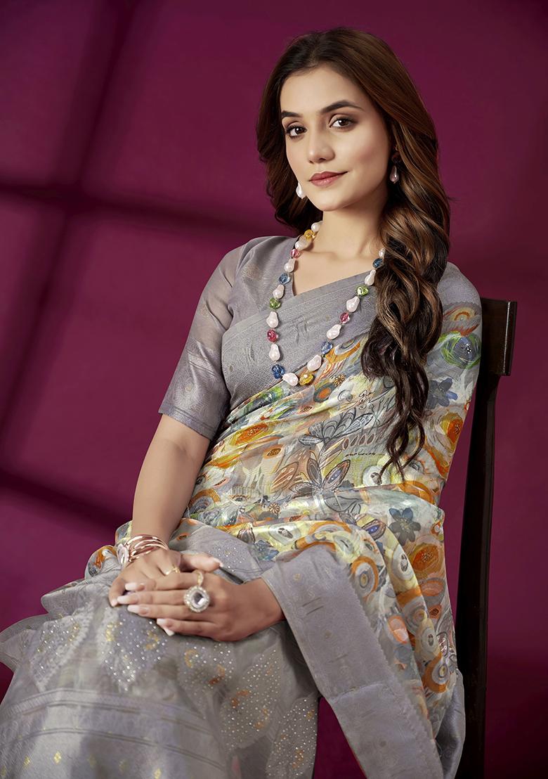 Lavender Wevon Jacquard Designer And Printed Rich Silk Saree Set