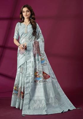 Sky Blue Wevon Jacquard Designer And Printed Rich Silk Saree Set