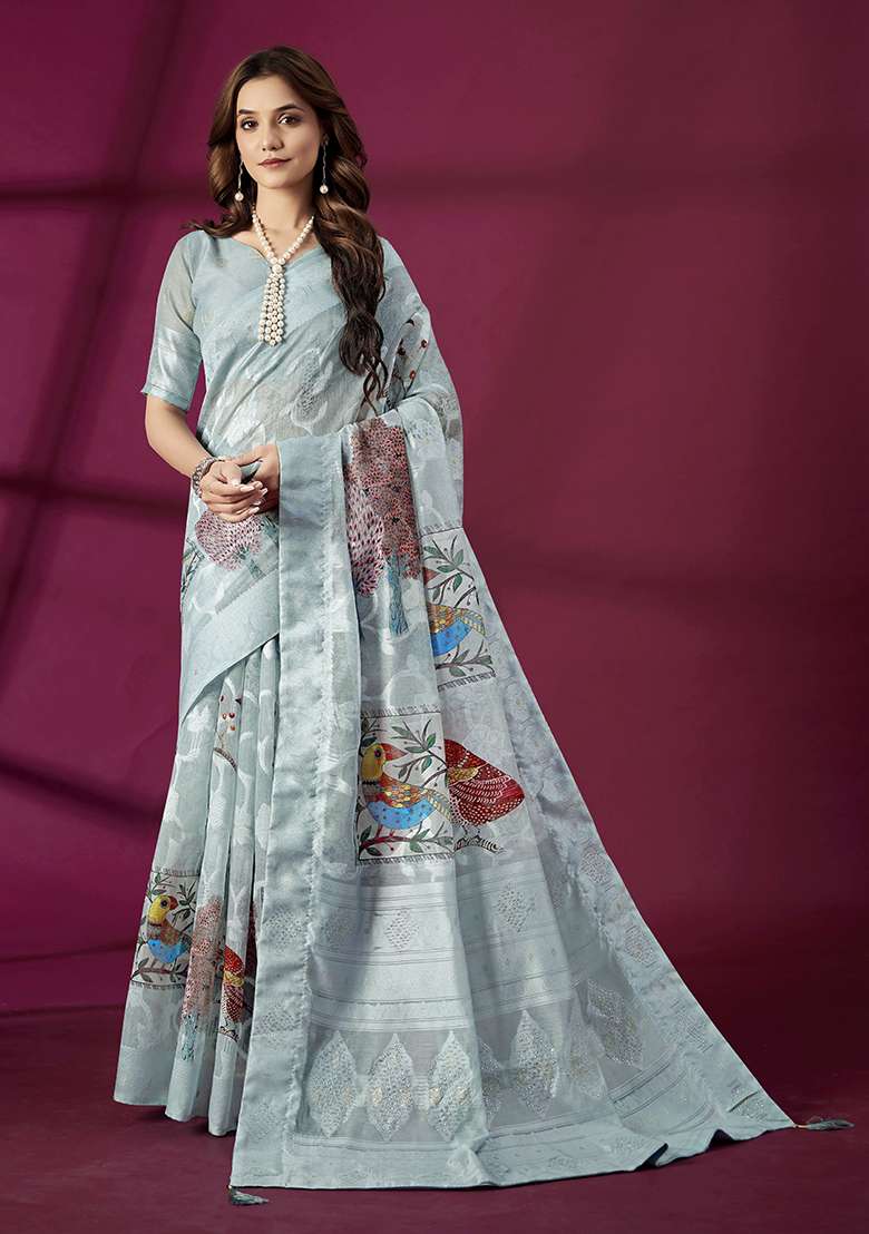 Sky Blue Wevon Jacquard Designer And Printed Rich Silk Saree Set - Indya