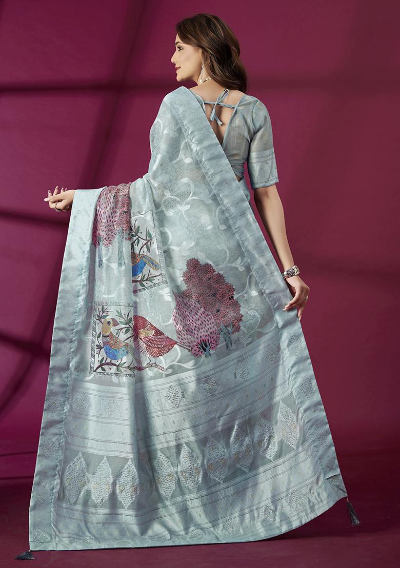 Sky Blue Wevon Jacquard Designer And Printed Rich Silk Saree Set