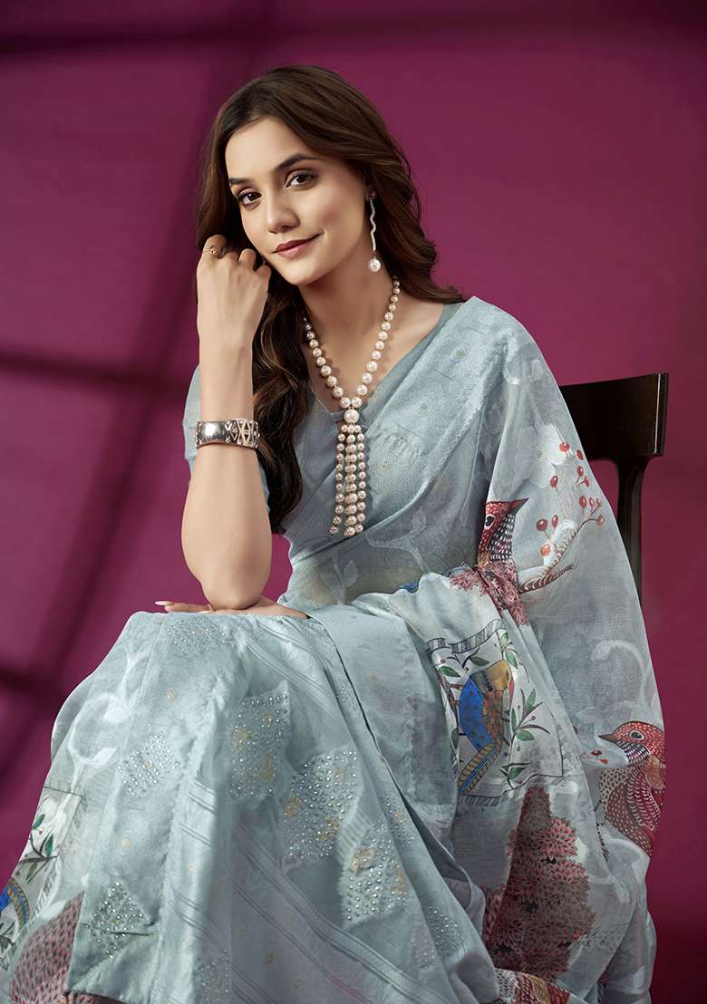 Sky Blue Wevon Jacquard Designer And Printed Rich Silk Saree Set - Indya