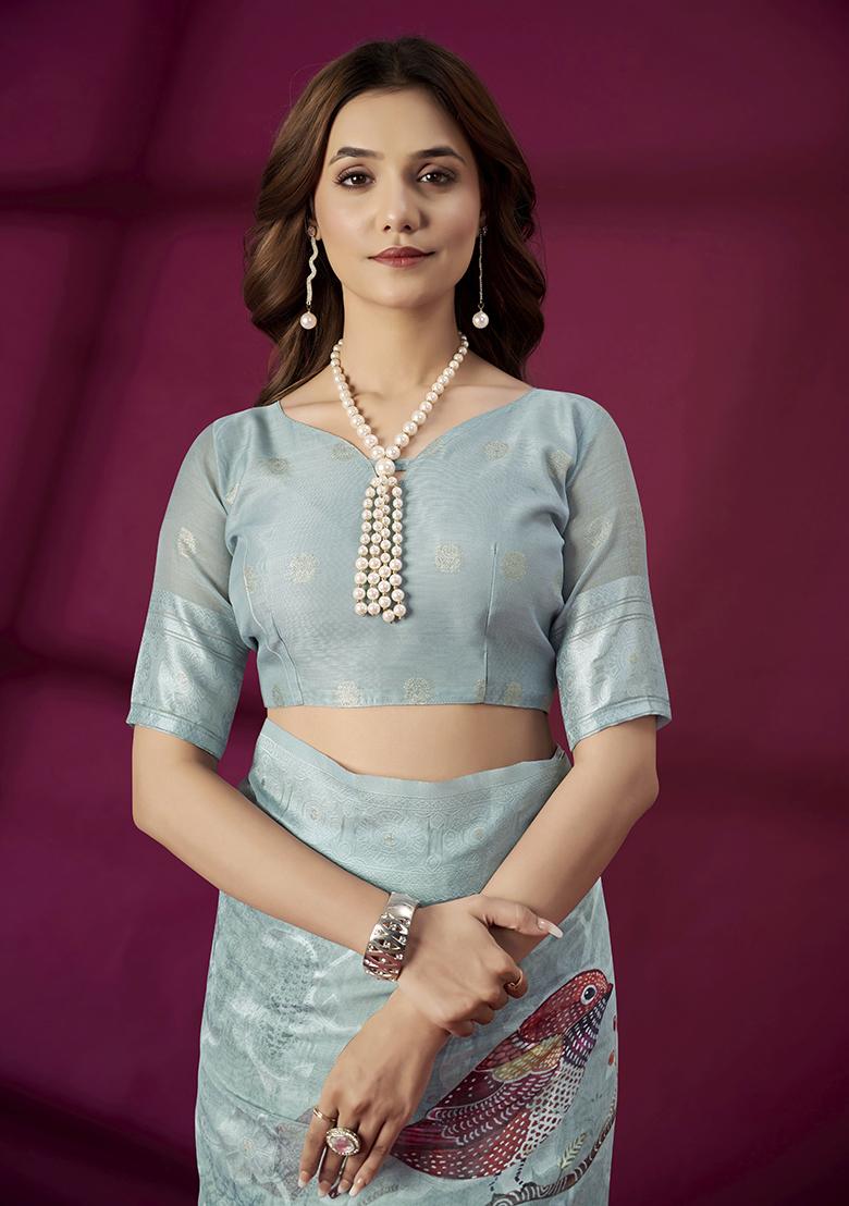 Sky Blue Wevon Jacquard Designer And Printed Rich Silk Saree Set