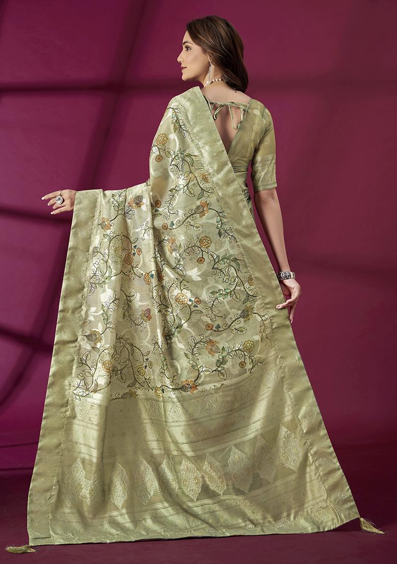Pista Green Wevon Jacquard Designer And Printed Rich Silk Saree Set