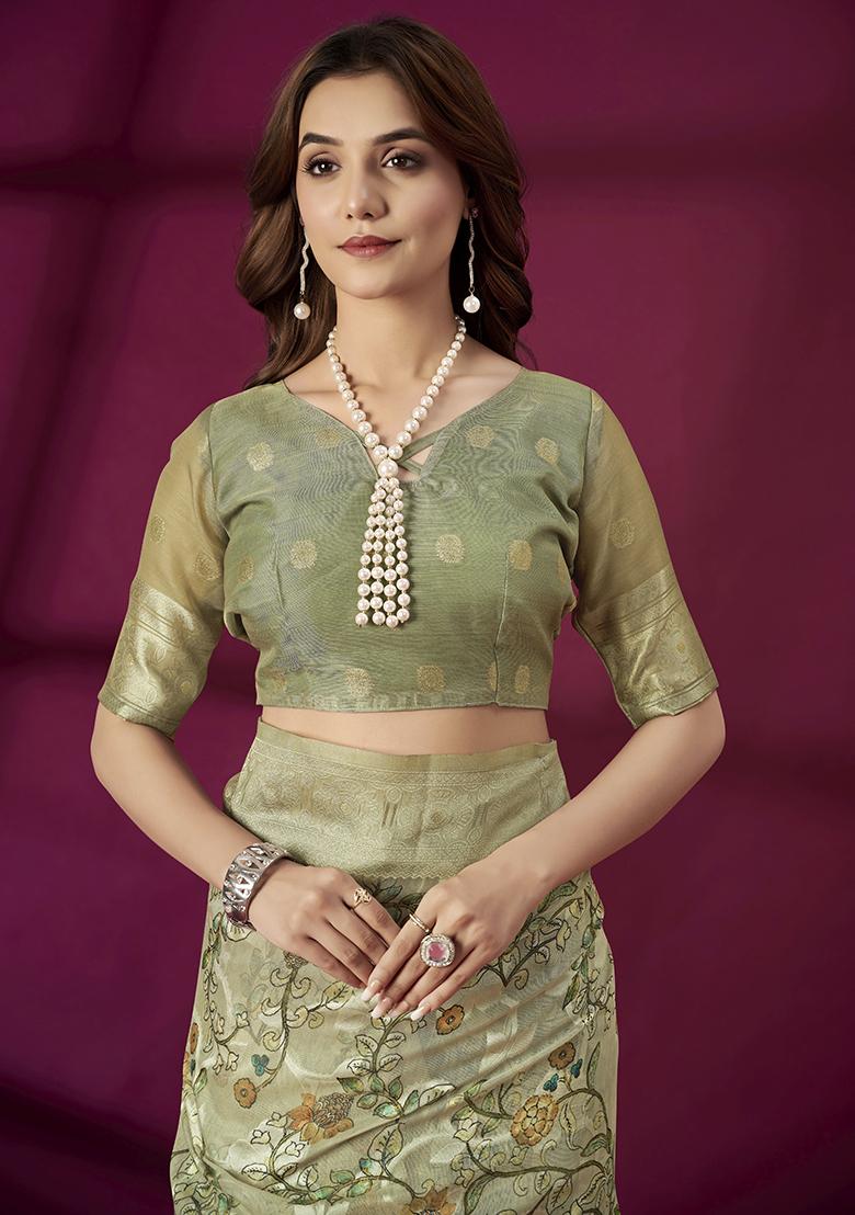 Pista Green Wevon Jacquard Designer And Printed Rich Silk Saree Set