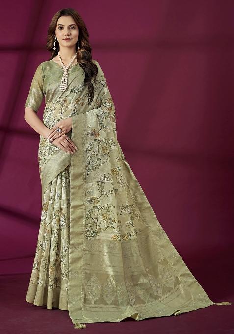 Pista Green Wevon Jacquard Designer And Printed Rich Silk Saree Set