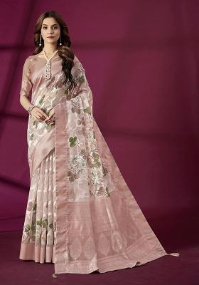 Pink Wevon Jacquard Designer And Printed Rich Silk Saree Set
