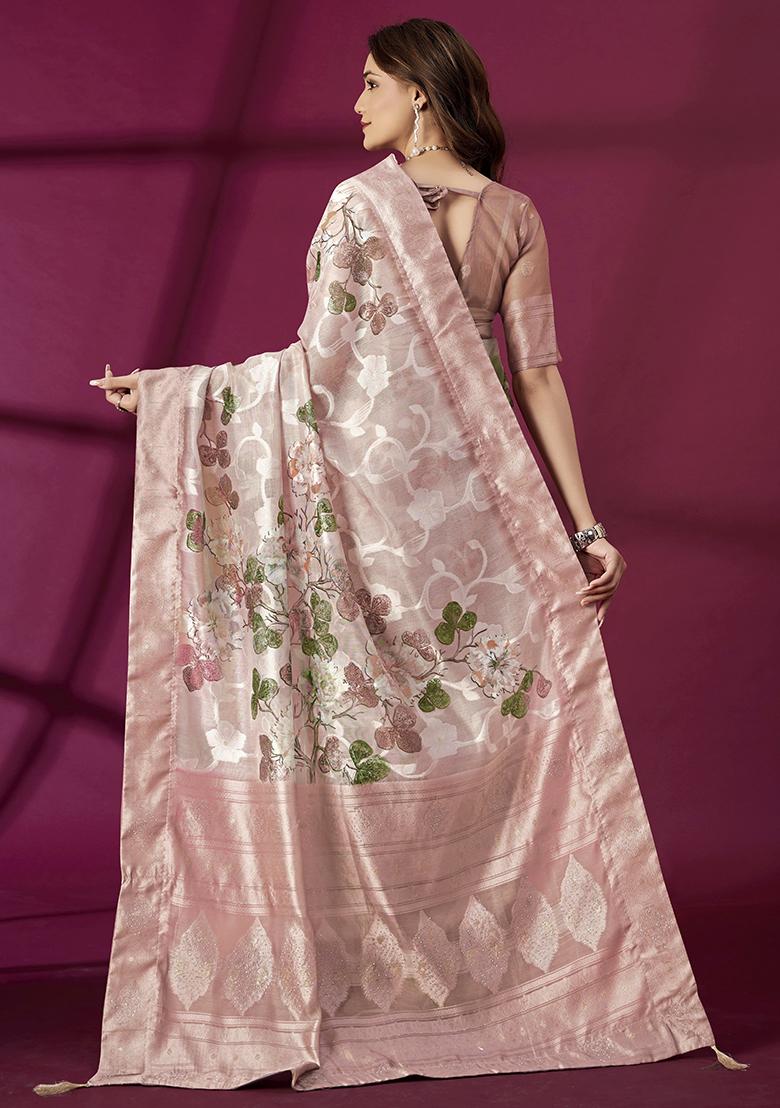 Pink Wevon Jacquard Designer And Printed Rich Silk Saree Set