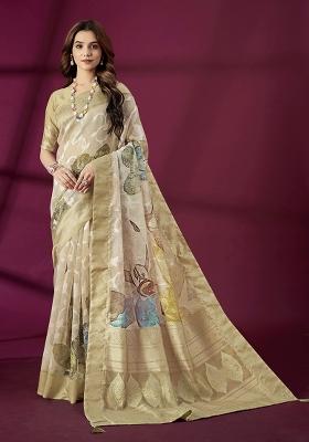 Beige Wevon Jacquard Designer And Printed Rich Silk Saree Set