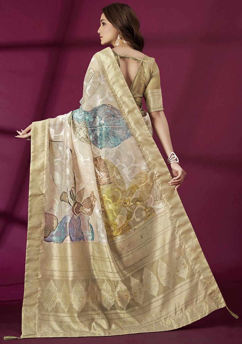 Beige Wevon Jacquard Designer And Printed Rich Silk Saree Set