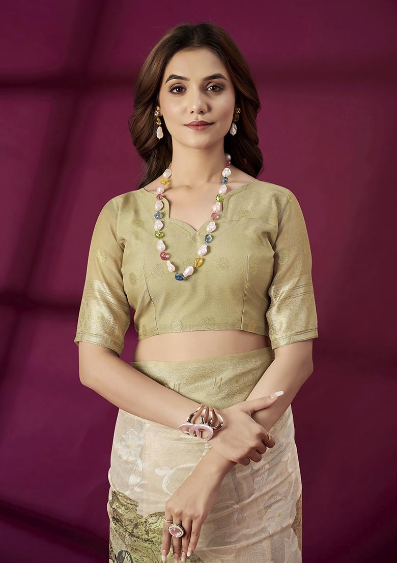 Beige Wevon Jacquard Designer And Printed Rich Silk Saree Set