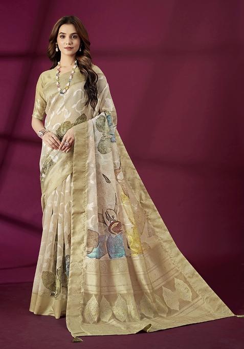 Beige Wevon Jacquard Designer And Printed Rich Silk Saree Set
