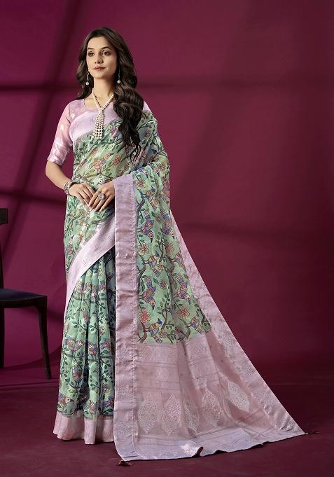 Purple Wevon Jacquard Designer And Printed Rich Silk Saree Set