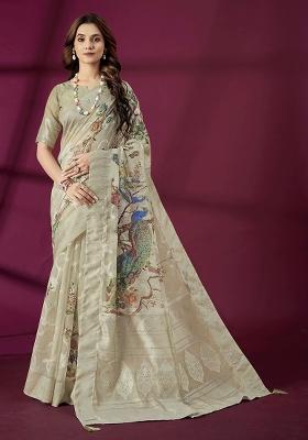 Grey Wevon Jacquard Designer And Printed Rich Silk Saree Set