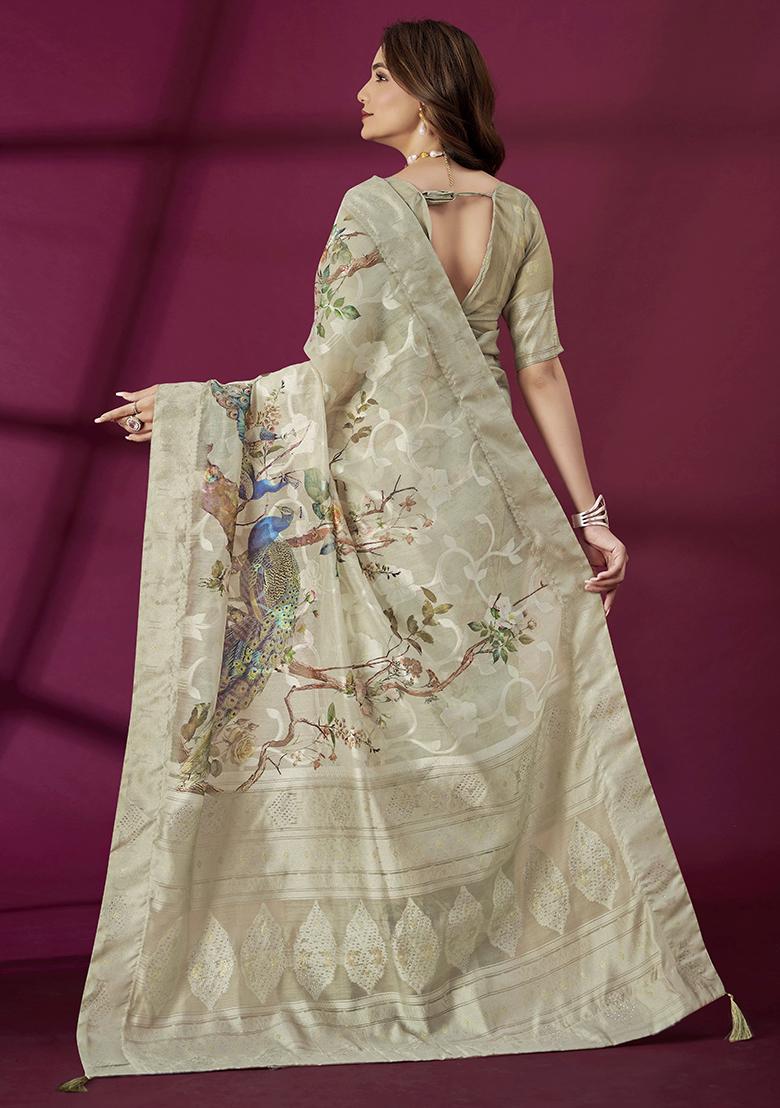 Grey Wevon Jacquard Designer And Printed Rich Silk Saree Set