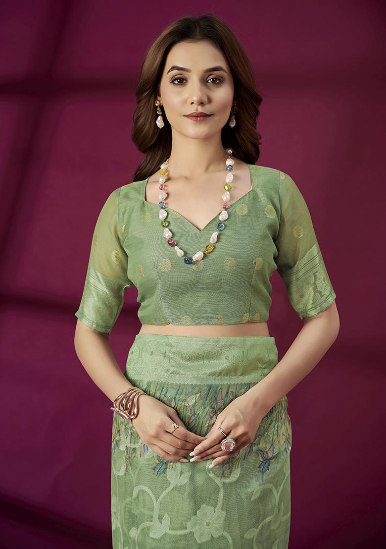 Green Wevon Jacquard Designer And Printed Rich Silk Saree Set