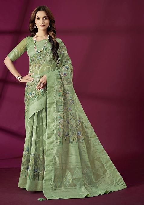 Green Wevon Jacquard Designer And Printed Rich Silk Saree Set
