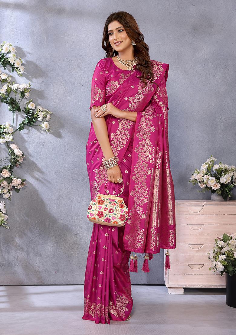 Pink Jacquard Weving Designer Banarasi Silk Saree Set