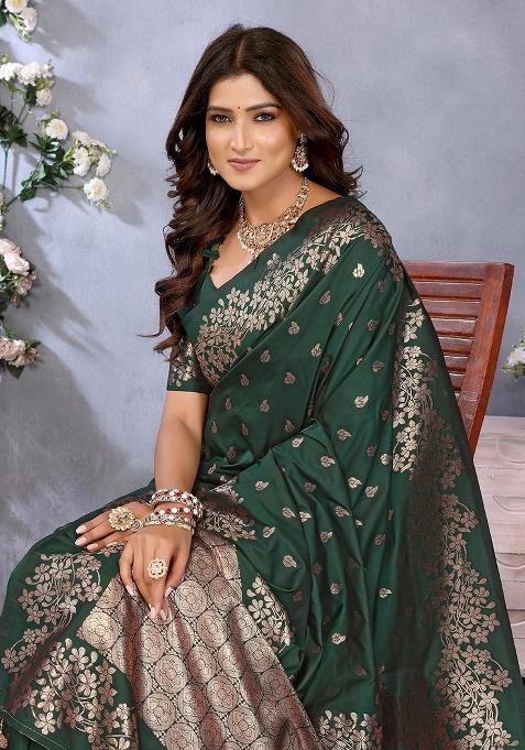 Green Jacquard Weving Designer Banarasi Silk Saree Set