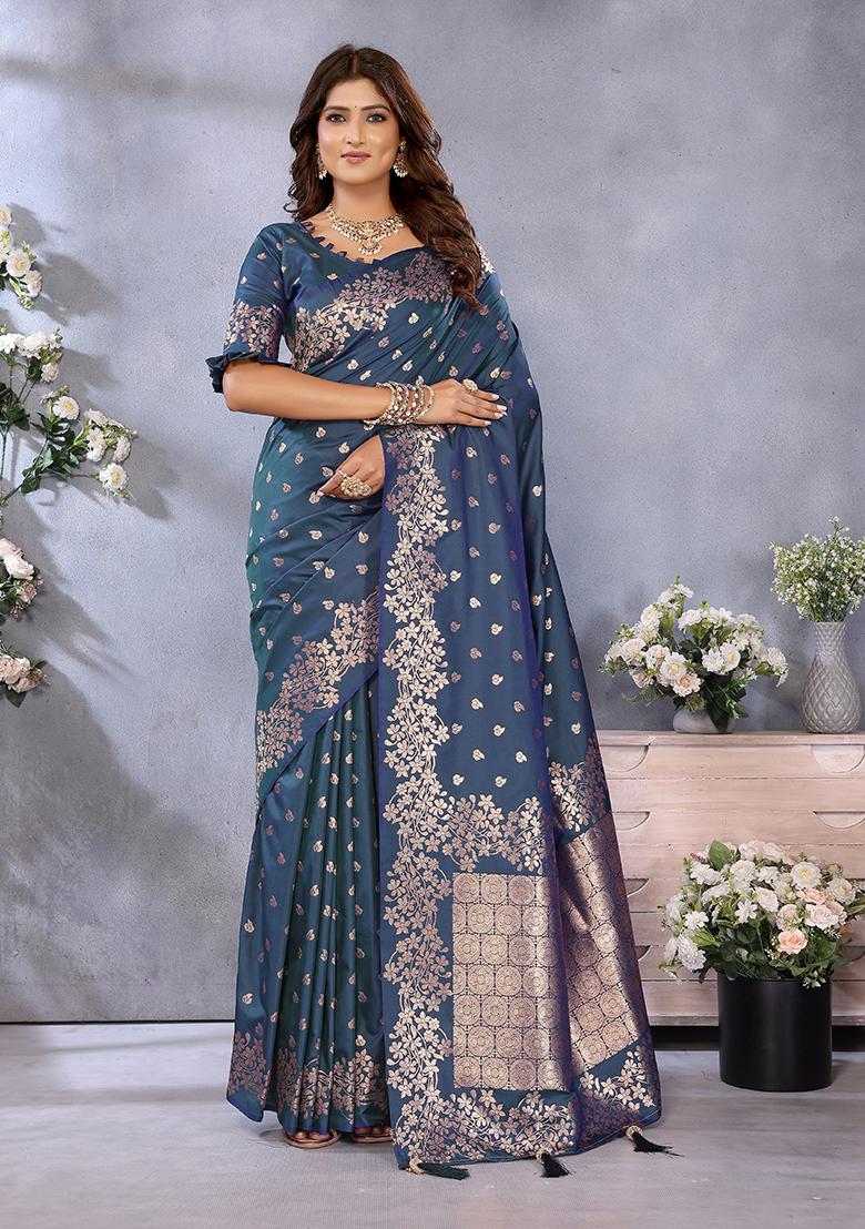 Teal Blue Jacquard Weving Designer Banarasi Silk Saree Set