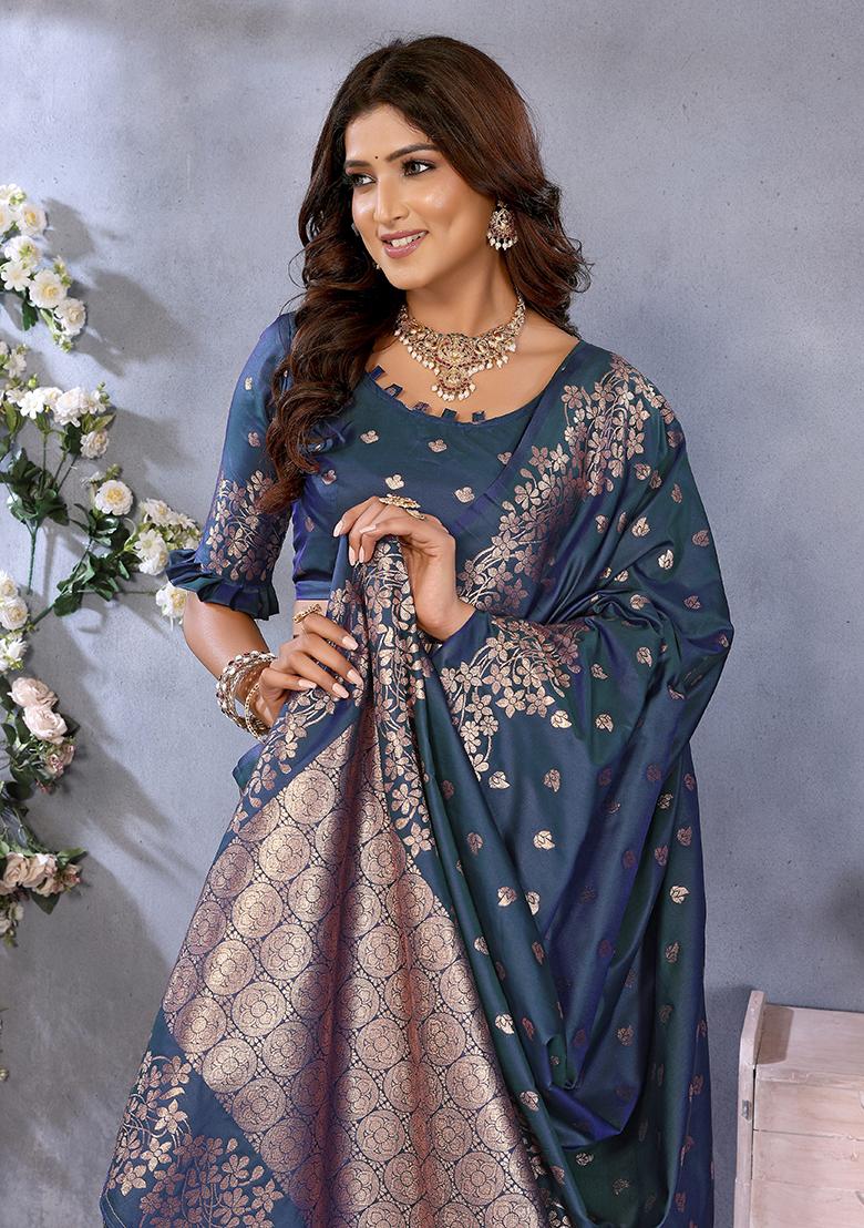 Teal Blue Jacquard Weving Designer Banarasi Silk Saree Set