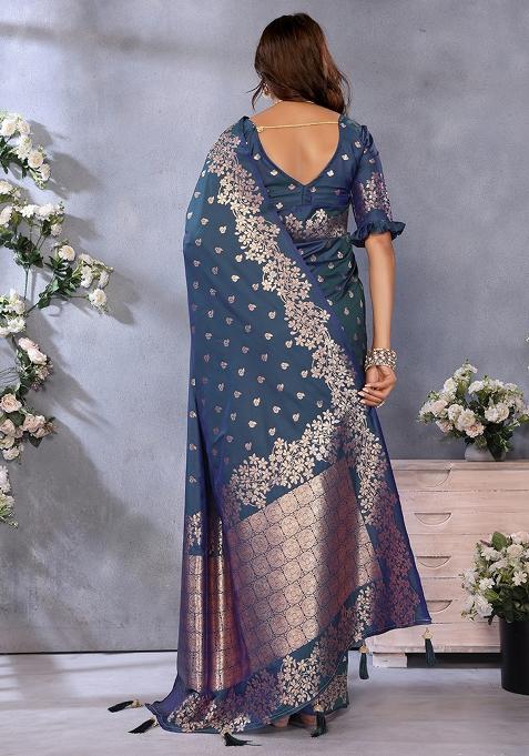 Teal Blue Jacquard Weving Designer Banarasi Silk Saree Set