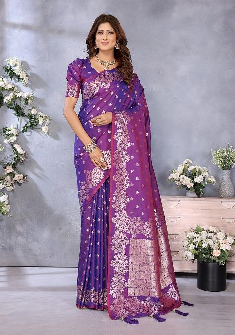 Purple Jacquard Weving Designer Banarasi Silk Saree Set
