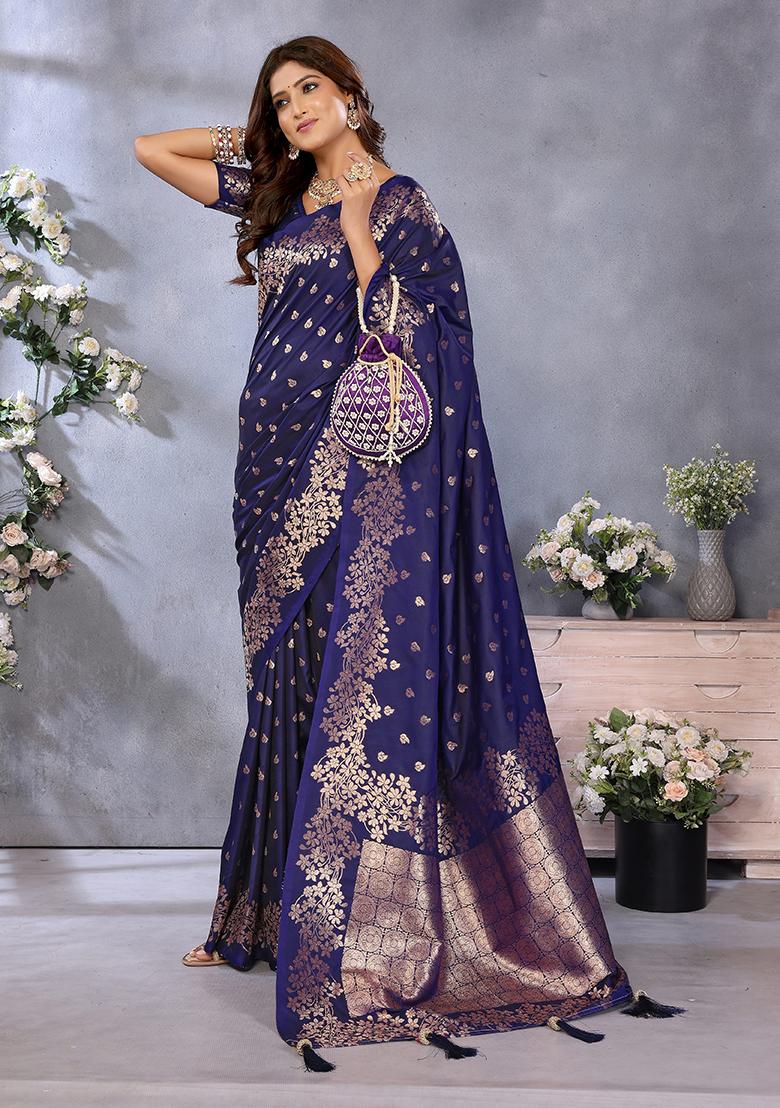 Blue Jacquard Weving Designer Banarasi Silk Saree Set