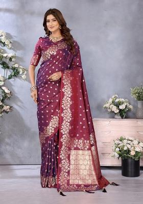 Wine Jacquard Weving Designer Banarasi Silk Saree Set